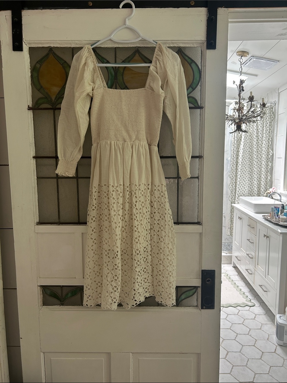 Free People Cream Eyelet Midi Dress with Smocked Bodice - Picture 2 of 6